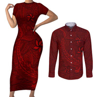 Oxblood Polynesia Couples Matching Short Sleeve Bodycon Dress and Long Sleeve Button Shirt Hawaiian Tribal Hammerhead Shark Tattoo LT14 Oxblood - Polynesian Pride