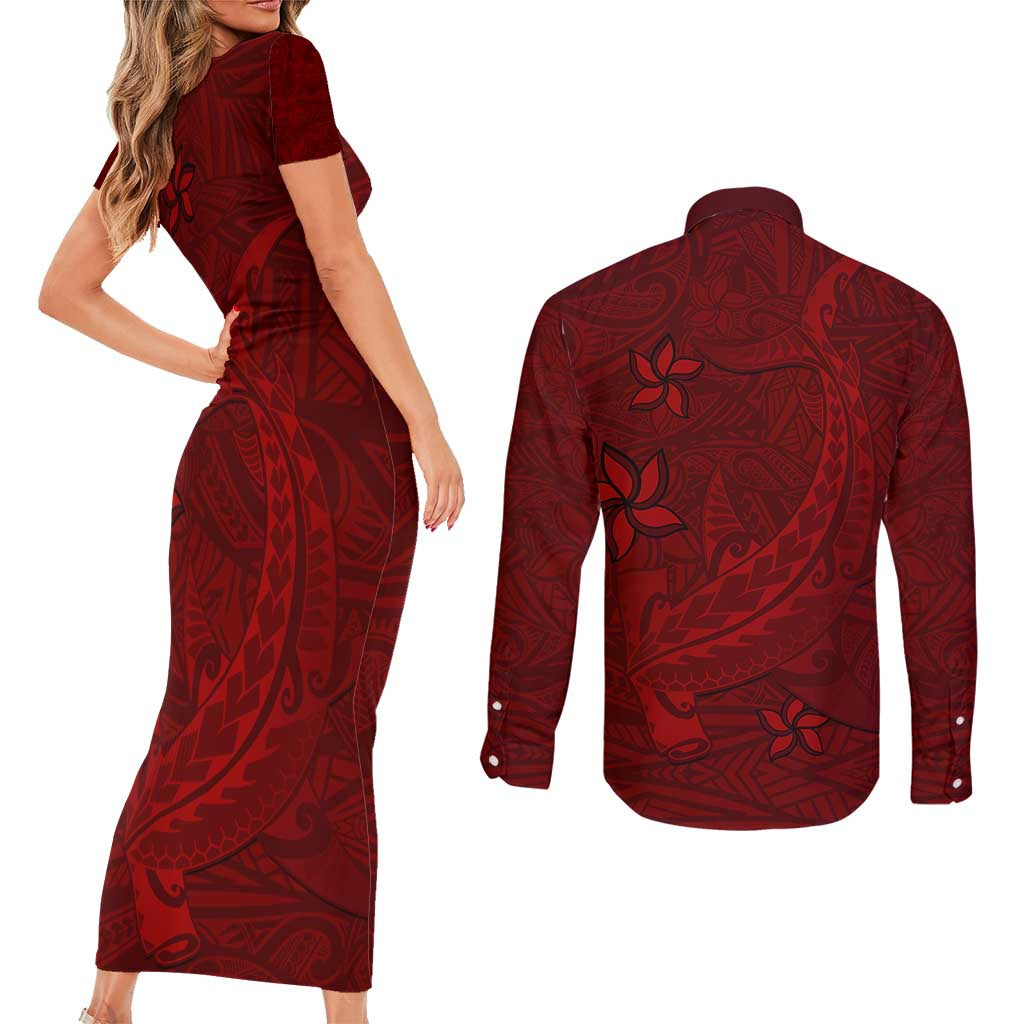 Oxblood Polynesia Couples Matching Short Sleeve Bodycon Dress and Long Sleeve Button Shirt Hawaiian Tribal Hammerhead Shark Tattoo LT14 - Polynesian Pride