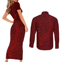 Oxblood Polynesia Couples Matching Short Sleeve Bodycon Dress and Long Sleeve Button Shirt Hawaiian Tribal Hammerhead Shark Tattoo LT14 - Polynesian Pride