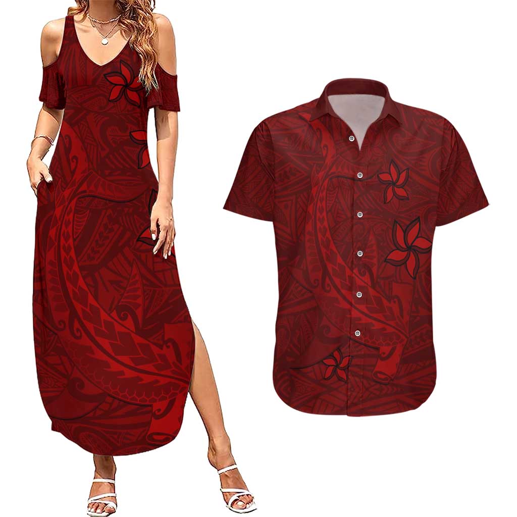 Oxblood Polynesia Couples Matching Summer Maxi Dress and Hawaiian Shirt Hawaiian Tribal Hammerhead Shark Tattoo LT14 Oxblood - Polynesian Pride