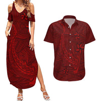 Oxblood Polynesia Couples Matching Summer Maxi Dress and Hawaiian Shirt Hawaiian Tribal Hammerhead Shark Tattoo LT14 Oxblood - Polynesian Pride