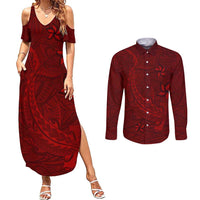 Oxblood Polynesia Couples Matching Summer Maxi Dress and Long Sleeve Button Shirt Hawaiian Tribal Hammerhead Shark Tattoo LT14 Oxblood - Polynesian Pride