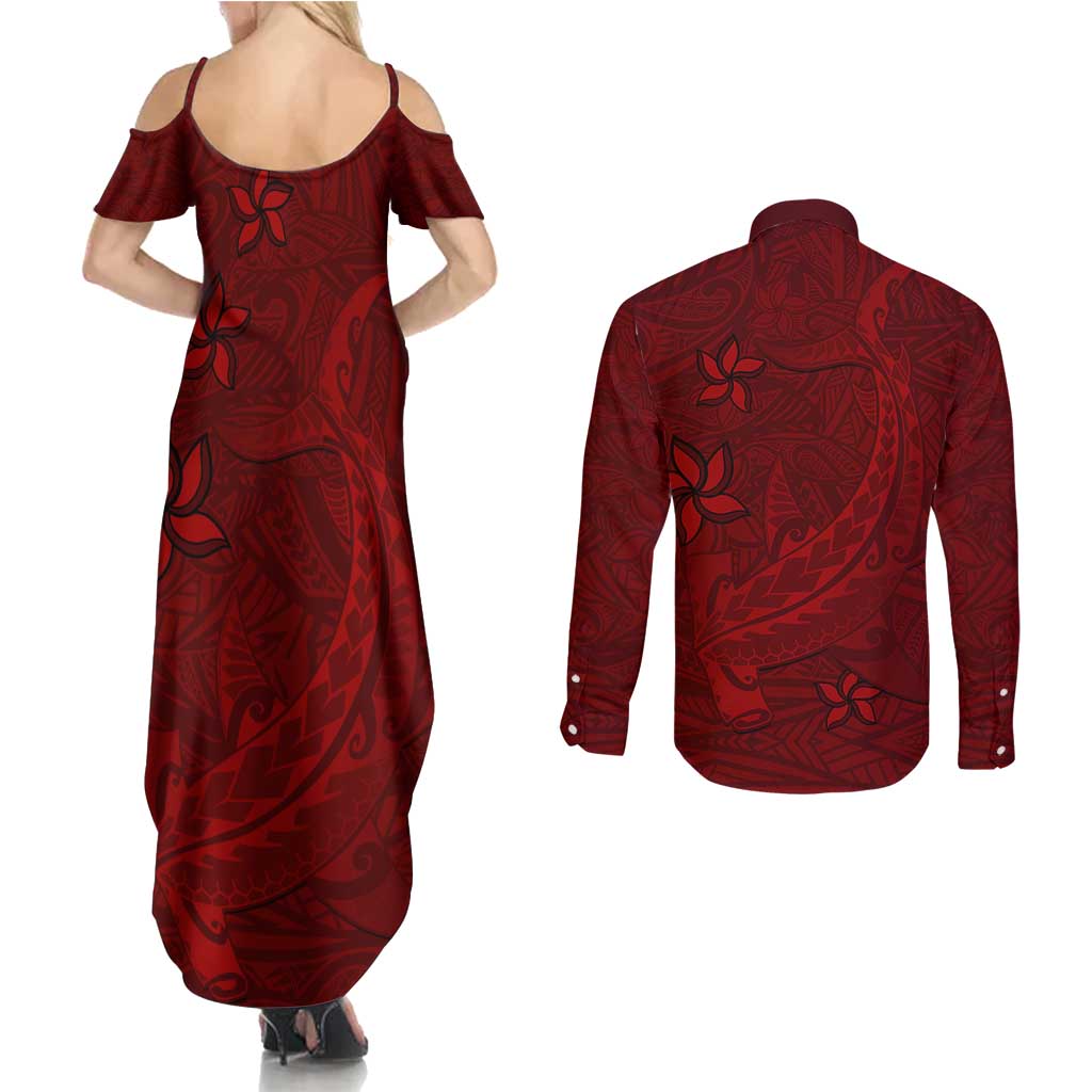 Oxblood Polynesia Couples Matching Summer Maxi Dress and Long Sleeve Button Shirt Hawaiian Tribal Hammerhead Shark Tattoo LT14 - Polynesian Pride