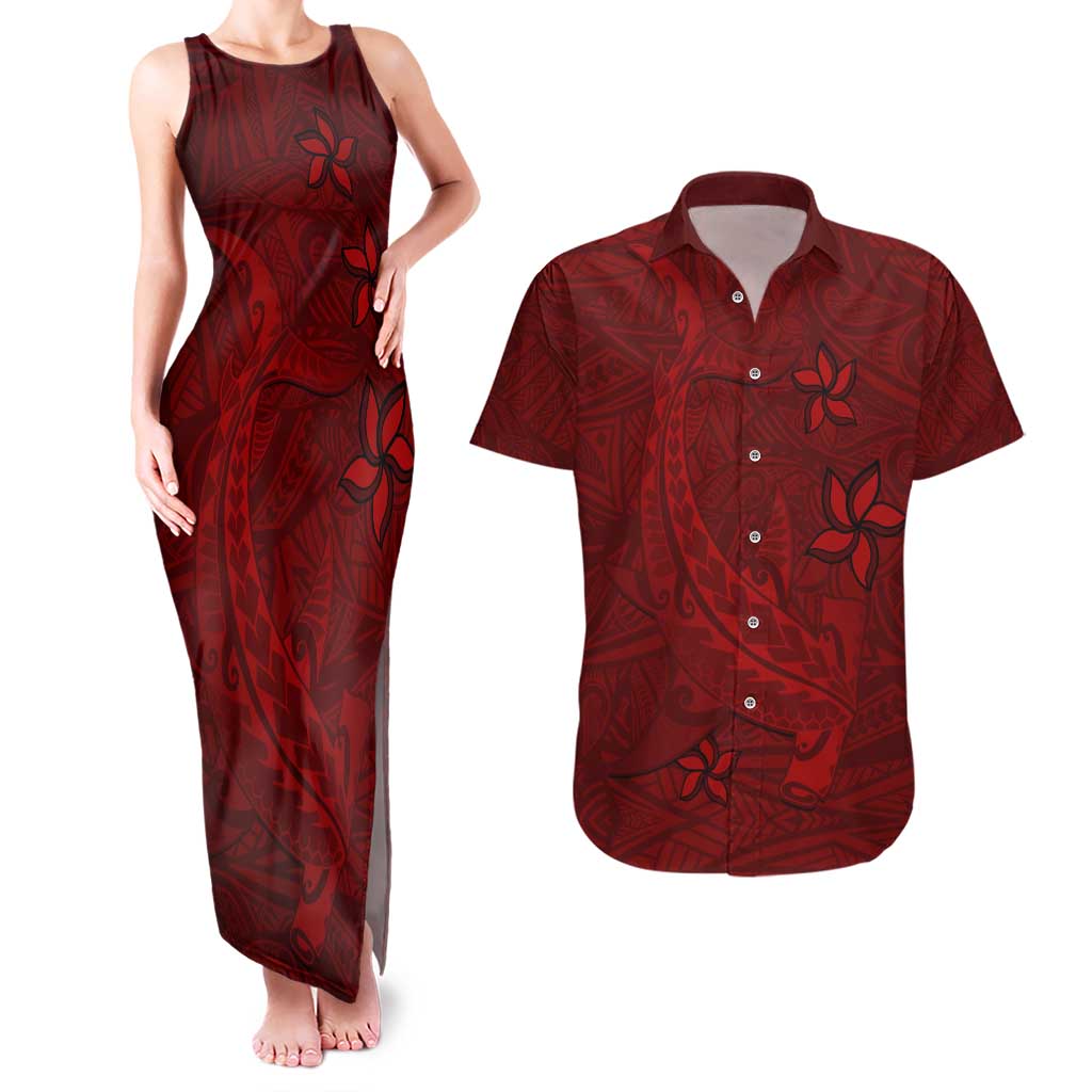 Oxblood Polynesia Couples Matching Tank Maxi Dress and Hawaiian Shirt Hawaiian Tribal Hammerhead Shark Tattoo LT14 Oxblood - Polynesian Pride