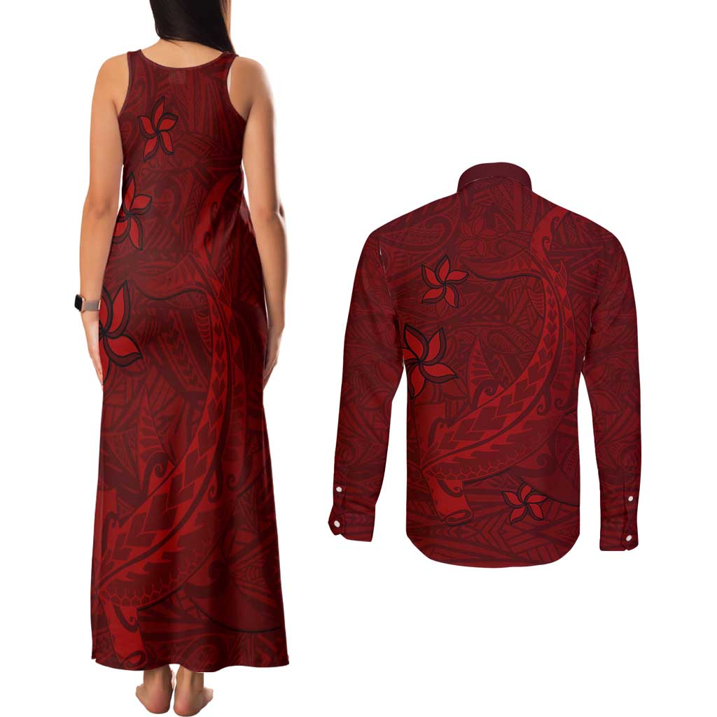 Oxblood Polynesia Couples Matching Tank Maxi Dress and Long Sleeve Button Shirt Hawaiian Tribal Hammerhead Shark Tattoo LT14 - Polynesian Pride