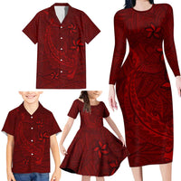 Oxblood Polynesia Family Matching Long Sleeve Bodycon Dress and Hawaiian Shirt Hawaiian Tribal Hammerhead Shark Tattoo LT14 - Polynesian Pride