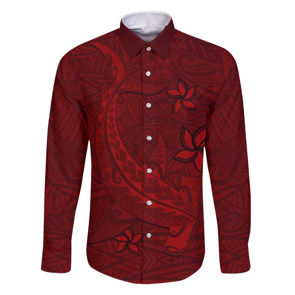 Oxblood Polynesia Family Matching Long Sleeve Bodycon Dress and Hawaiian Shirt Hawaiian Tribal Hammerhead Shark Tattoo LT14 Dad's Shirt - Long Sleeve Oxblood - Polynesian Pride