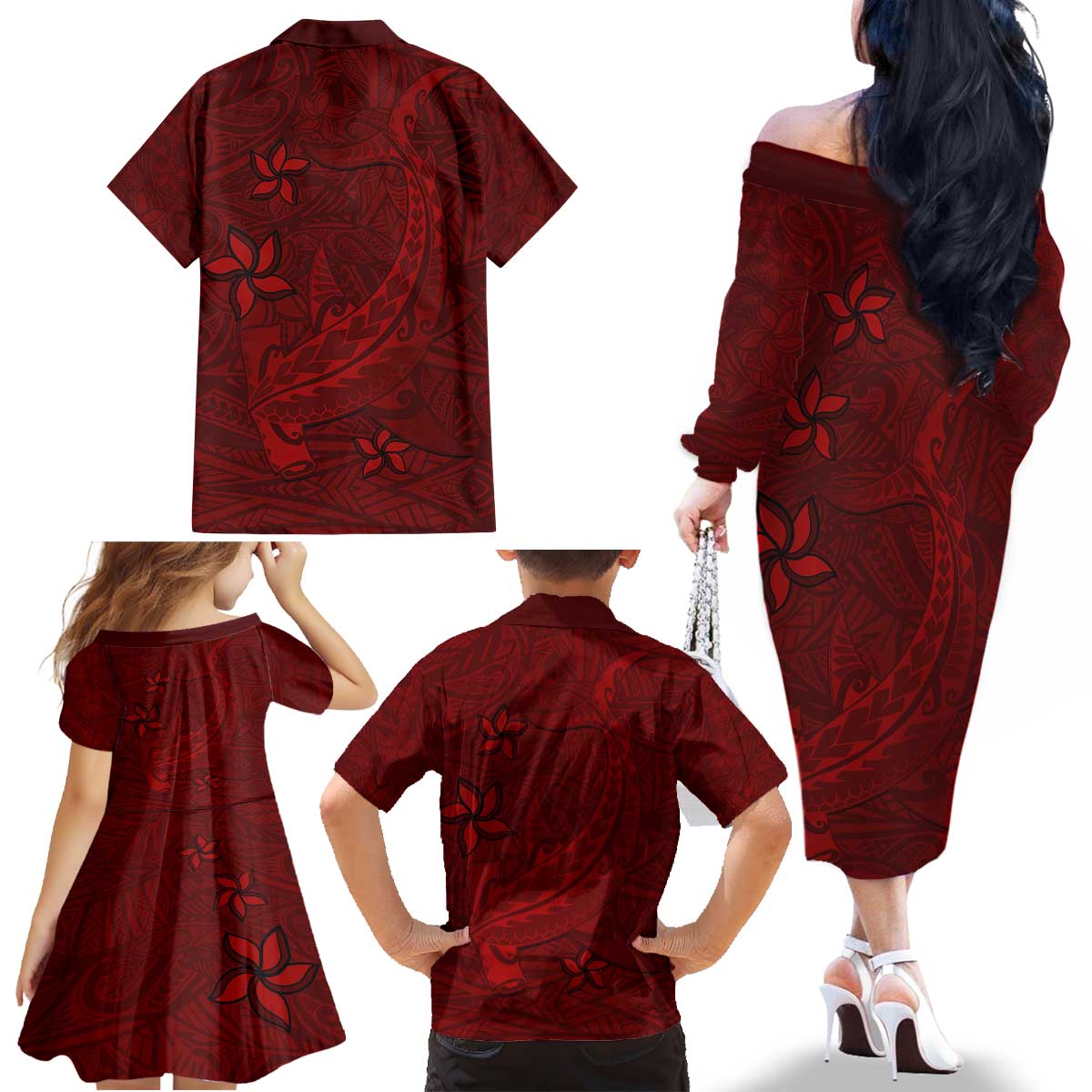 Oxblood Polynesia Family Matching Off The Shoulder Long Sleeve Dress and Hawaiian Shirt Hawaiian Tribal Hammerhead Shark Tattoo LT14 - Polynesian Pride