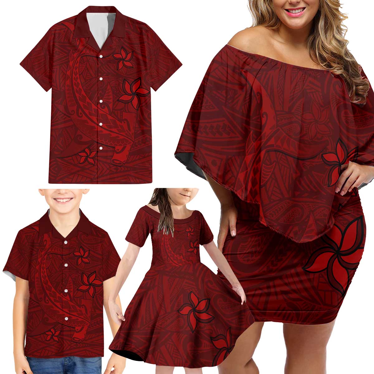 Oxblood Polynesia Family Matching Off Shoulder Short Dress and Hawaiian Shirt Hawaiian Tribal Hammerhead Shark Tattoo LT14 - Polynesian Pride