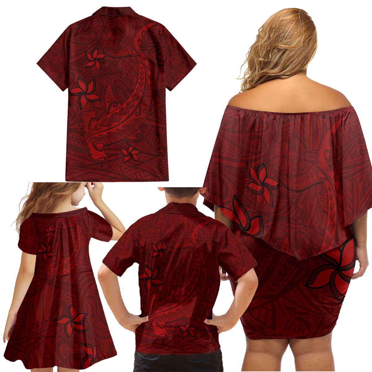 Oxblood Polynesia Family Matching Off Shoulder Short Dress and Hawaiian Shirt Hawaiian Tribal Hammerhead Shark Tattoo LT14 - Polynesian Pride