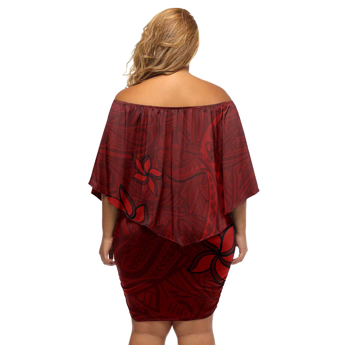 Oxblood Polynesia Family Matching Off Shoulder Short Dress and Hawaiian Shirt Hawaiian Tribal Hammerhead Shark Tattoo LT14 - Polynesian Pride