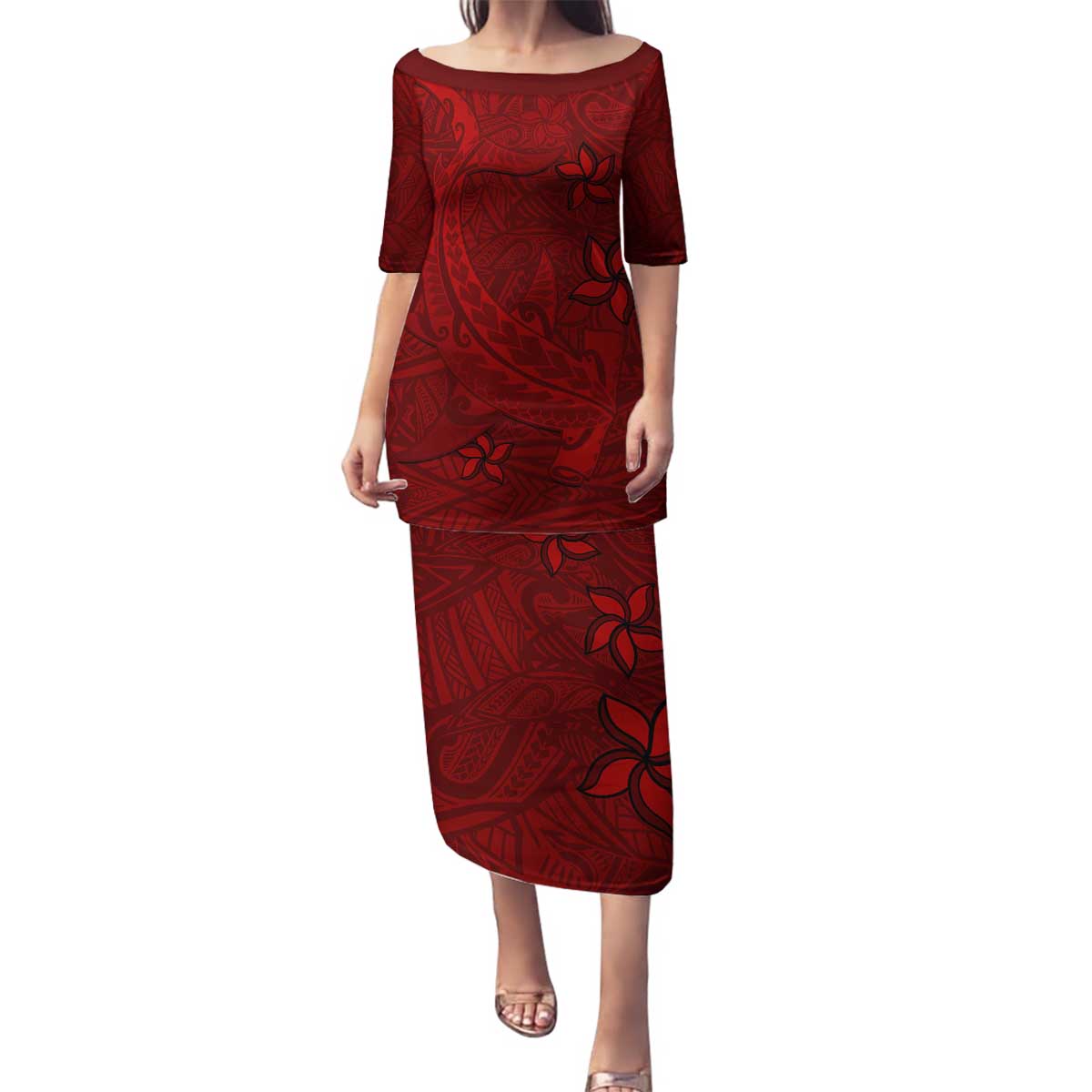 Oxblood Polynesia Family Matching Puletasi and Hawaiian Shirt Hawaiian Tribal Hammerhead Shark Tattoo LT14 Mom's Dress Oxblood - Polynesian Pride