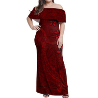 Oxblood Polynesia Off Shoulder Maxi Dress Hawaiian Tribal Hammerhead Shark Tattoo LT14 Women Oxblood - Polynesian Pride