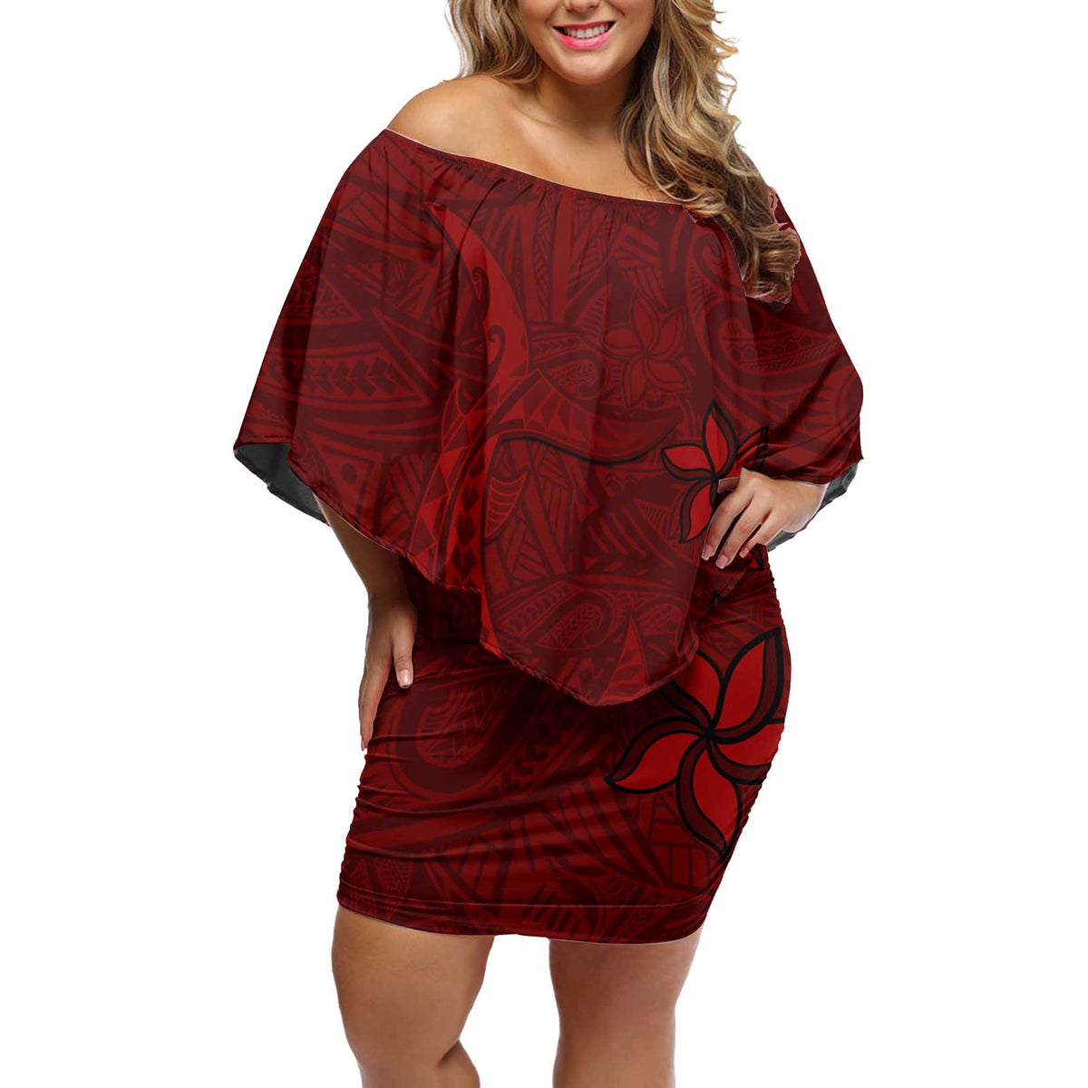 Oxblood Polynesia Off Shoulder Short Dress Hawaiian Tribal Hammerhead Shark Tattoo LT14 Women Oxblood - Polynesian Pride