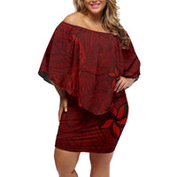 Oxblood Polynesia Off Shoulder Short Dress Hawaiian Tribal Hammerhead Shark Tattoo LT14 Women Oxblood - Polynesian Pride