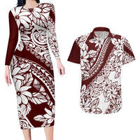 Polynesian Tropical Flowers Oxblood Color Couples Matching Long Sleeve Bodycon Dress and Hawaiian Shirt LT14 Oxblood - Polynesian Pride