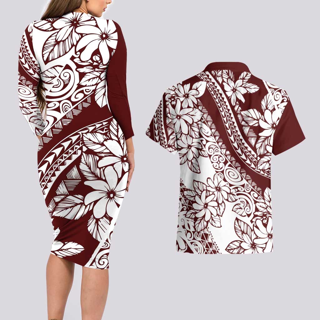Polynesian Tropical Flowers Oxblood Color Couples Matching Long Sleeve Bodycon Dress and Hawaiian Shirt LT14 - Polynesian Pride