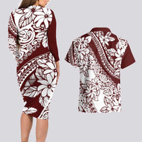 Polynesian Tropical Flowers Oxblood Color Couples Matching Long Sleeve Bodycon Dress and Hawaiian Shirt LT14 - Polynesian Pride