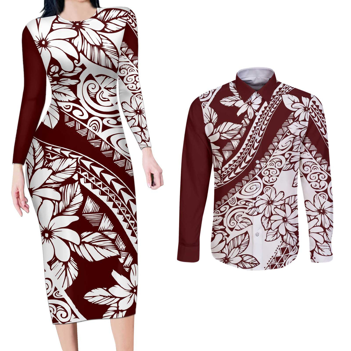 Polynesian Tropical Flowers Oxblood Color Couples Matching Long Sleeve Bodycon Dress and Long Sleeve Button Shirt LT14 Oxblood - Polynesian Pride