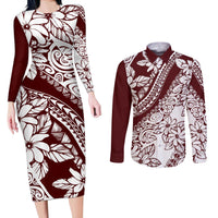 Polynesian Tropical Flowers Oxblood Color Couples Matching Long Sleeve Bodycon Dress and Long Sleeve Button Shirt LT14 Oxblood - Polynesian Pride