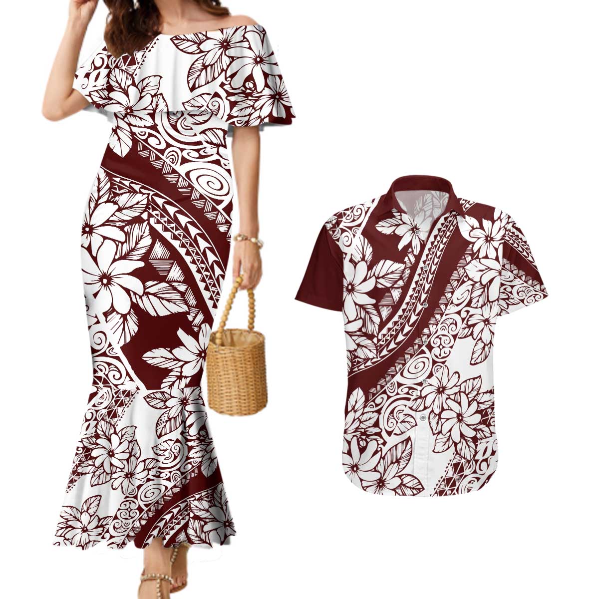 Polynesian Tropical Flowers Oxblood Color Couples Matching Mermaid Dress and Hawaiian Shirt LT14 Oxblood - Polynesian Pride