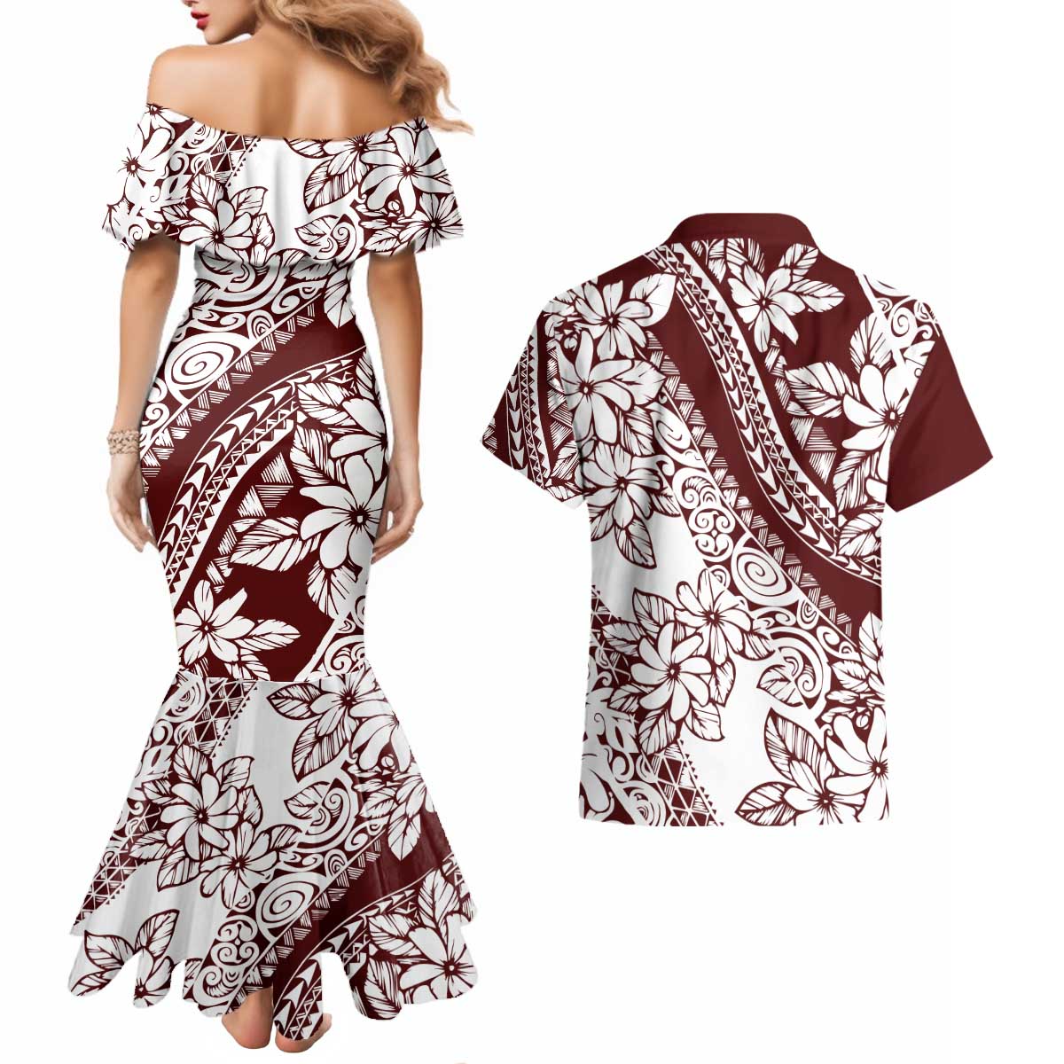 Polynesian Tropical Flowers Oxblood Color Couples Matching Mermaid Dress and Hawaiian Shirt LT14 - Polynesian Pride