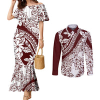Polynesian Tropical Flowers Oxblood Color Couples Matching Mermaid Dress and Long Sleeve Button Shirt LT14 Oxblood - Polynesian Pride