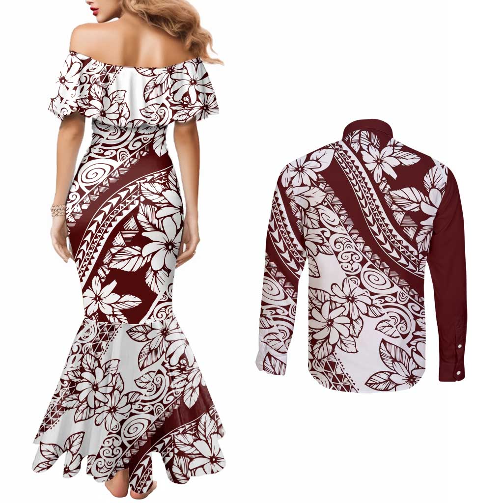 Polynesian Tropical Flowers Oxblood Color Couples Matching Mermaid Dress and Long Sleeve Button Shirt LT14 - Polynesian Pride