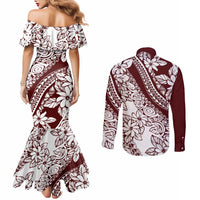 Polynesian Tropical Flowers Oxblood Color Couples Matching Mermaid Dress and Long Sleeve Button Shirt LT14 - Polynesian Pride
