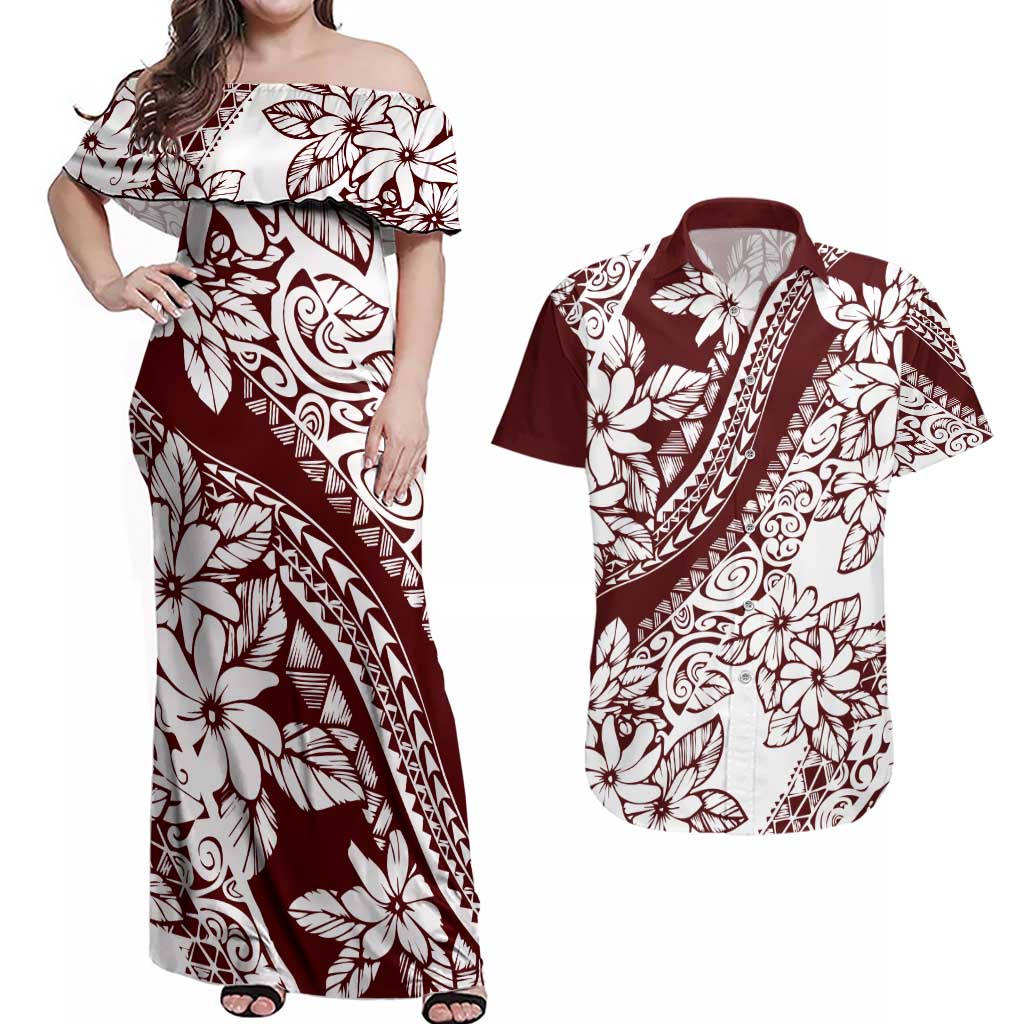 Polynesian Tropical Flowers Oxblood Color Couples Matching Off Shoulder Maxi Dress and Hawaiian Shirt LT14 Oxblood - Polynesian Pride