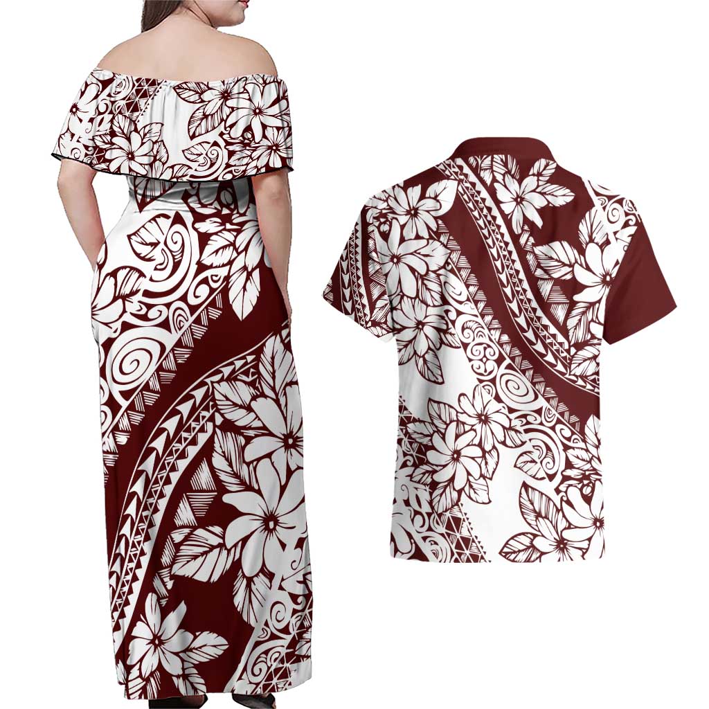 Polynesian Tropical Flowers Oxblood Color Couples Matching Off Shoulder Maxi Dress and Hawaiian Shirt LT14 - Polynesian Pride