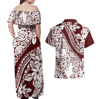 Polynesian Tropical Flowers Oxblood Color Couples Matching Off Shoulder Maxi Dress and Hawaiian Shirt LT14 - Polynesian Pride