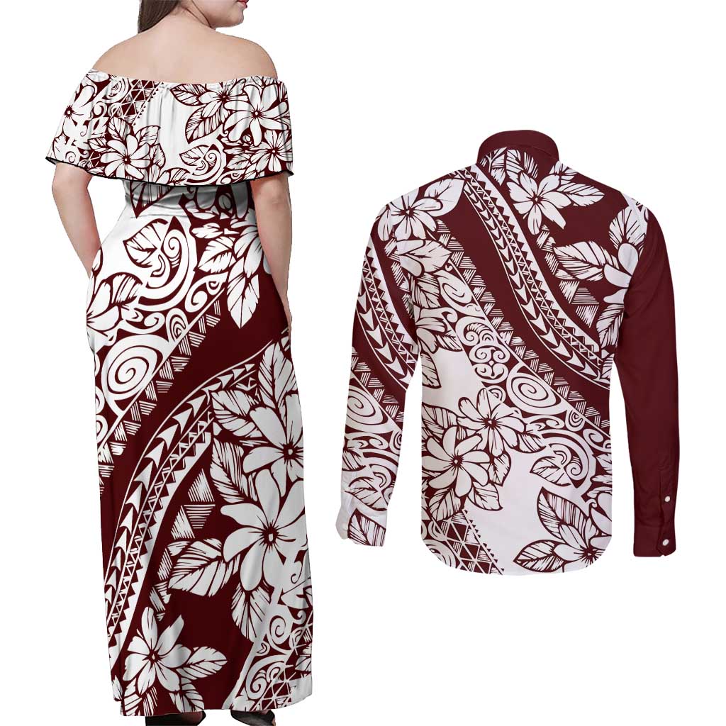 Polynesian Tropical Flowers Oxblood Color Couples Matching Off Shoulder Maxi Dress and Long Sleeve Button Shirt