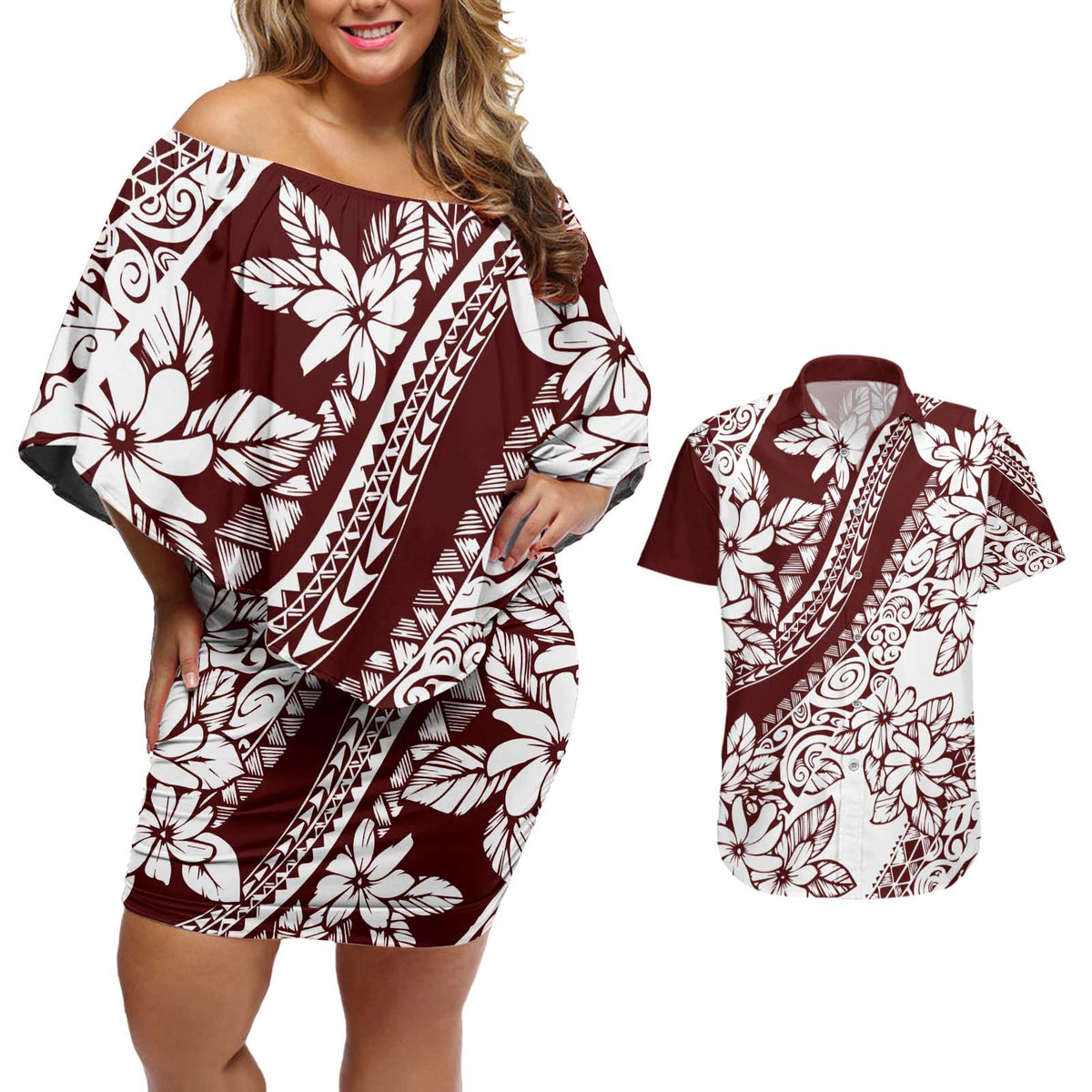 Polynesian Tropical Flowers Oxblood Color Couples Matching Off Shoulder Short Dress and Hawaiian Shirt LT14 Oxblood - Polynesian Pride
