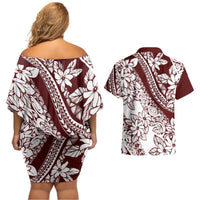 Polynesian Tropical Flowers Oxblood Color Couples Matching Off Shoulder Short Dress and Hawaiian Shirt LT14 - Polynesian Pride