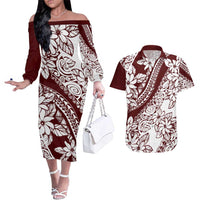 Polynesian Tropical Flowers Oxblood Color Couples Matching Off The Shoulder Long Sleeve Dress and Hawaiian Shirt LT14 Oxblood - Polynesian Pride