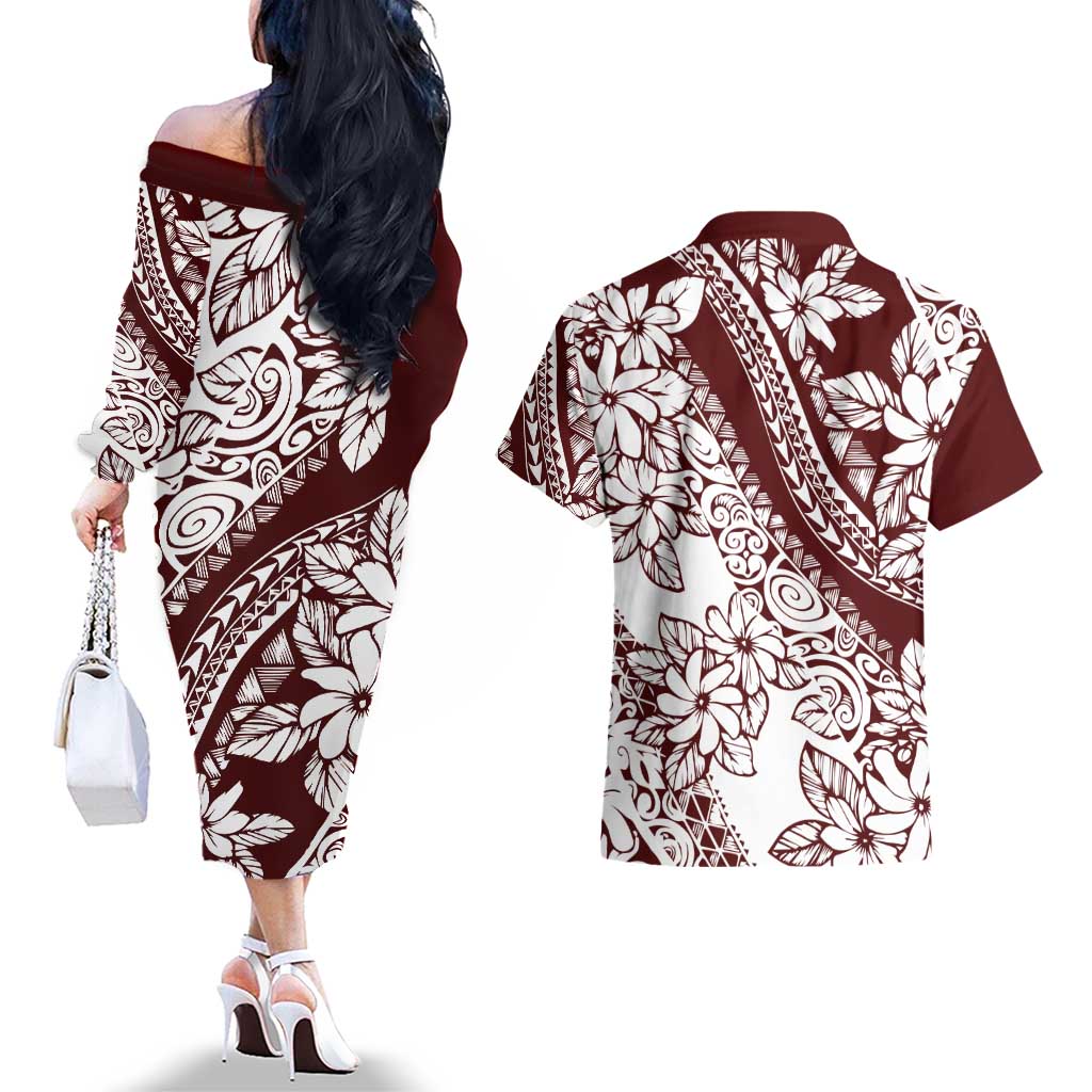 Polynesian Tropical Flowers Oxblood Color Couples Matching Off The Shoulder Long Sleeve Dress and Hawaiian Shirt LT14 - Polynesian Pride