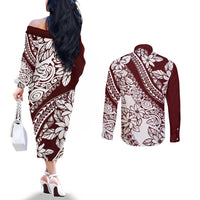 Polynesian Tropical Flowers Oxblood Color Couples Matching Off The Shoulder Long Sleeve Dress and Long Sleeve Button Shirt LT14 - Polynesian Pride