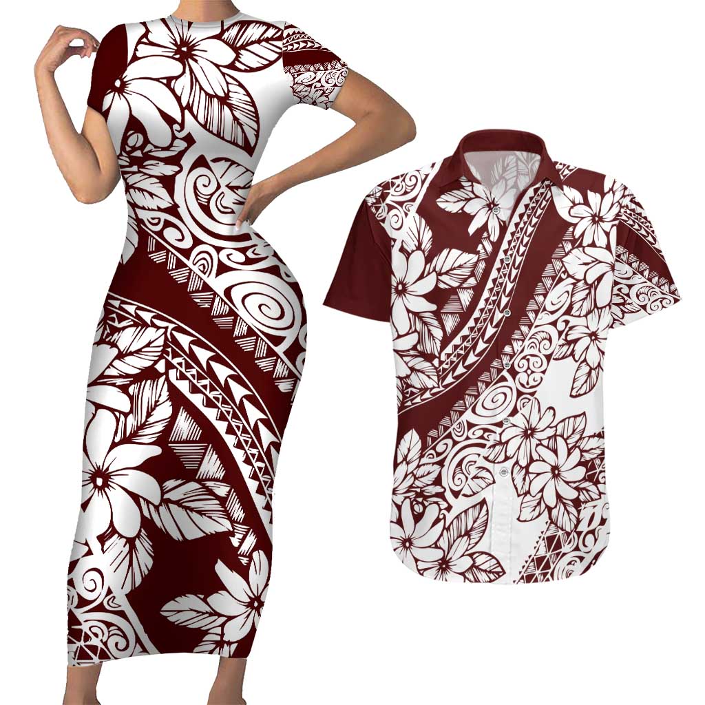 Polynesian Tropical Flowers Oxblood Color Couples Matching Short Sleeve Bodycon Dress and Hawaiian Shirt LT14 Oxblood - Polynesian Pride