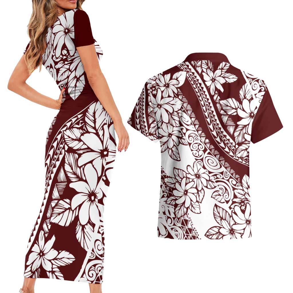 Polynesian Tropical Flowers Oxblood Color Couples Matching Short Sleeve Bodycon Dress and Hawaiian Shirt LT14 - Polynesian Pride