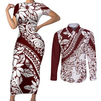 Polynesian Tropical Flowers Oxblood Color Couples Matching Short Sleeve Bodycon Dress and Long Sleeve Button Shirt LT14 Oxblood - Polynesian Pride