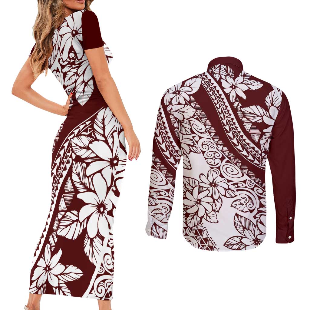 Polynesian Tropical Flowers Oxblood Color Couples Matching Short Sleeve Bodycon Dress and Long Sleeve Button Shirt LT14 - Polynesian Pride
