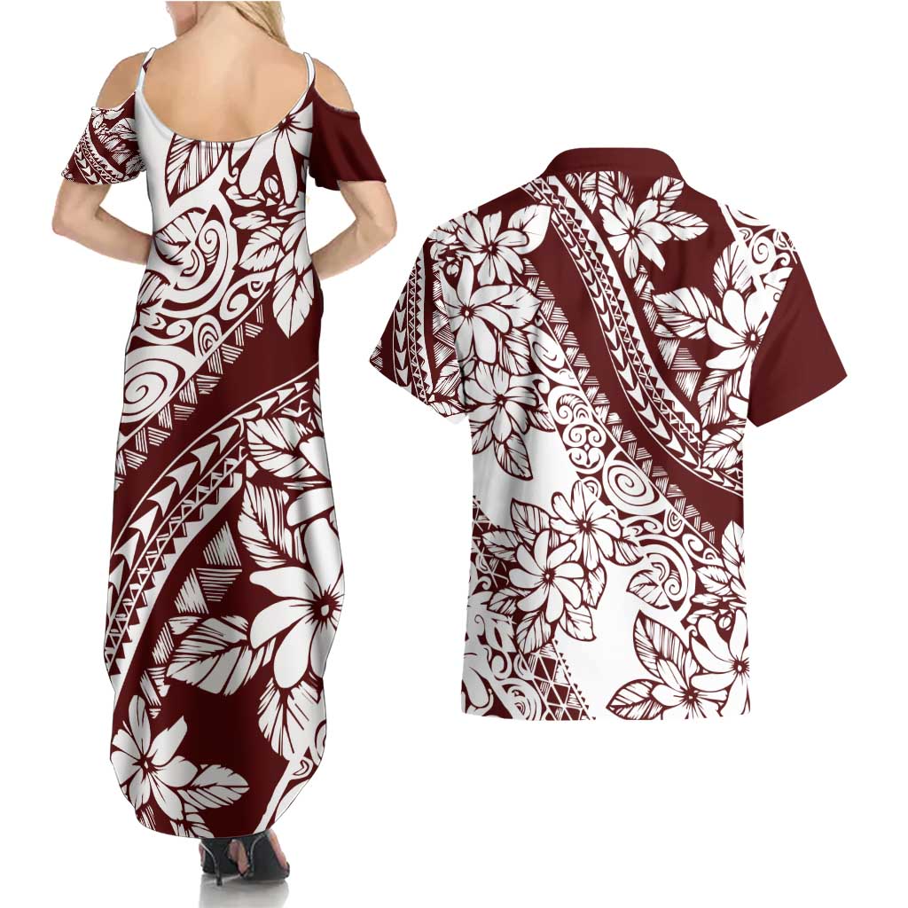 Polynesian Tropical Flowers Oxblood Color Couples Matching Summer Maxi Dress and Hawaiian Shirt LT14 - Polynesian Pride