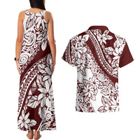 Polynesian Tropical Flowers Oxblood Color Couples Matching Tank Maxi Dress and Hawaiian Shirt LT14 - Polynesian Pride