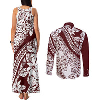 Polynesian Tropical Flowers Oxblood Color Couples Matching Tank Maxi Dress and Long Sleeve Button Shirt LT14 - Polynesian Pride