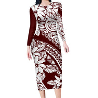 Polynesian Tropical Flowers Oxblood Color Family Matching Long Sleeve Bodycon Dress and Hawaiian Shirt LT14 Mom's Dress Oxblood - Polynesian Pride