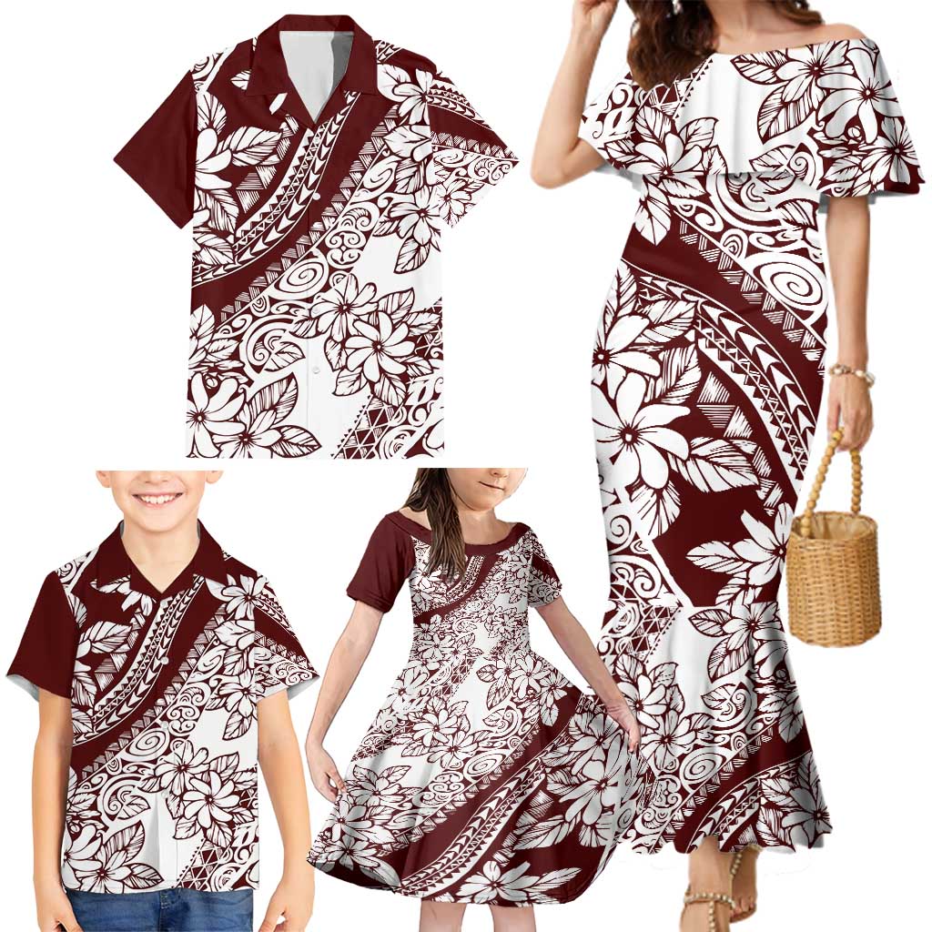 Polynesian Tropical Flowers Oxblood Color Family Matching Mermaid Dress and Hawaiian Shirt LT14 - Polynesian Pride