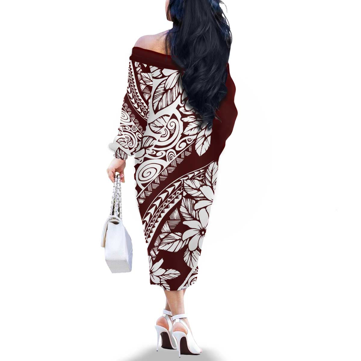 Polynesian Tropical Flowers Oxblood Color Family Matching Off The Shoulder Long Sleeve Dress and Hawaiian Shirt LT14 - Polynesian Pride
