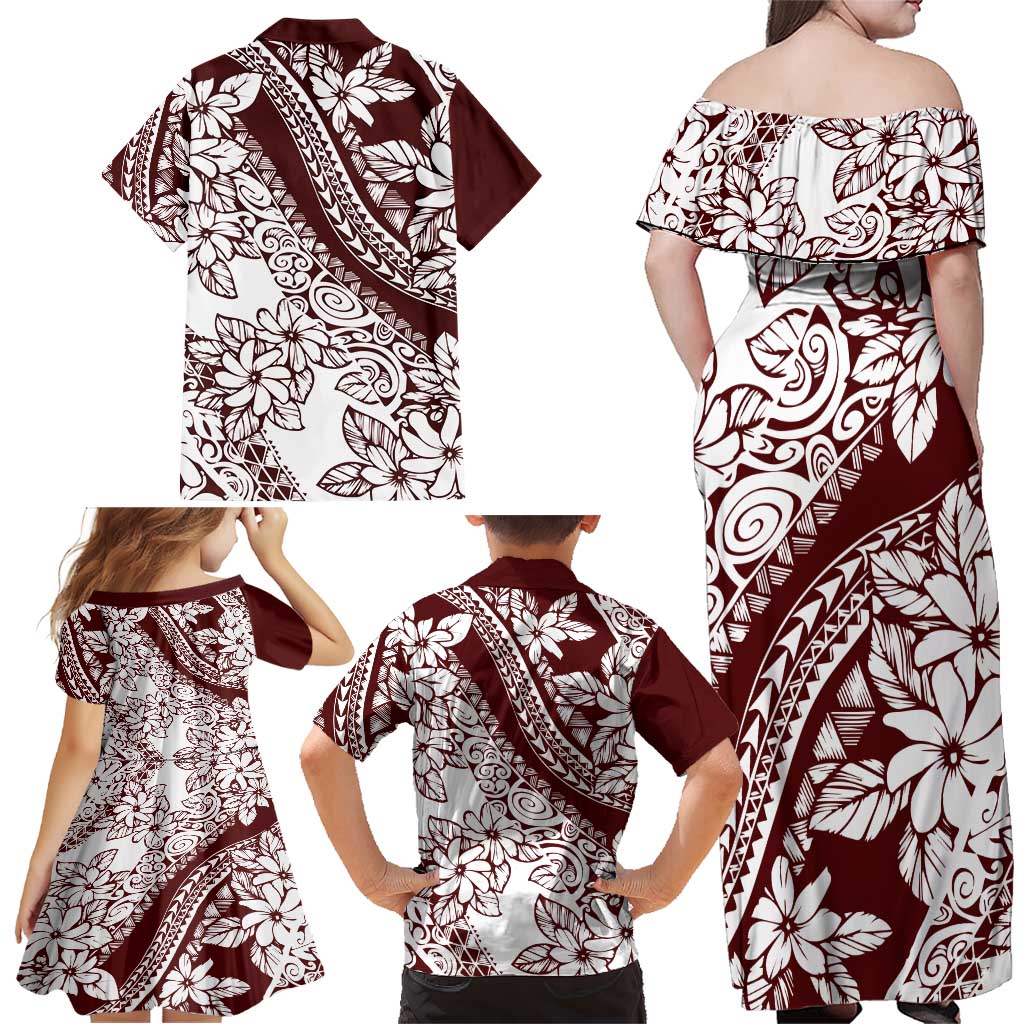 Polynesian Tropical Flowers Oxblood Color Family Matching Off Shoulder Maxi Dress and Hawaiian Shirt LT14 - Polynesian Pride