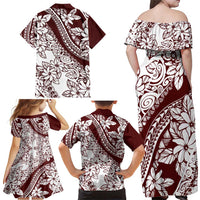Polynesian Tropical Flowers Oxblood Color Family Matching Off Shoulder Maxi Dress and Hawaiian Shirt LT14 - Polynesian Pride